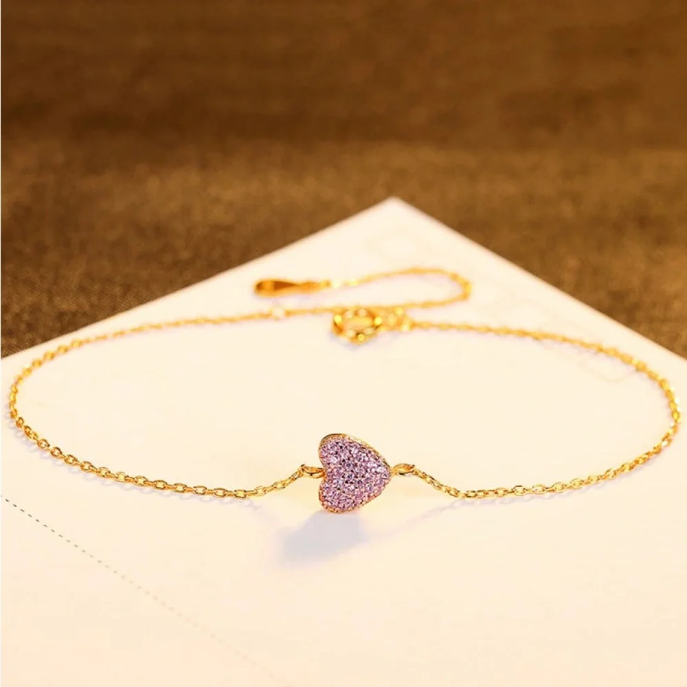 Barbie Inspired Pink Gemstone Heart Shaped Rose Gold Women’s Dainty Bracelet - Picture 3 of 5